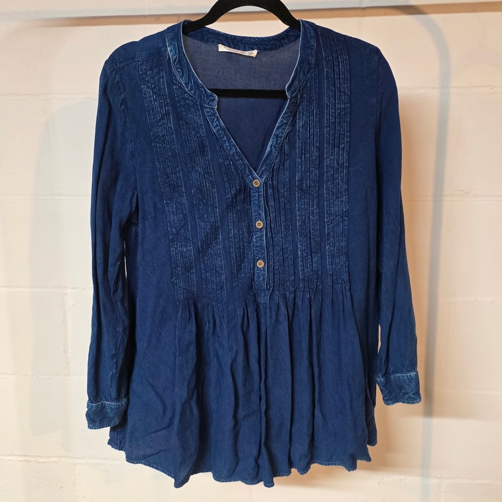 Amanda‎ Blu Women's Med Popover Blouse Pleated Tunic Blue Chambray Boho Flowy